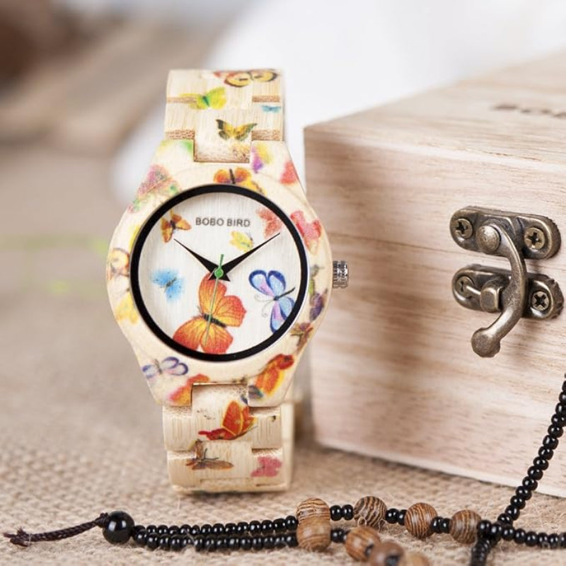 Women bamboo quartz wristwatch with colourful butterfly print, white dial and natural wooden strap