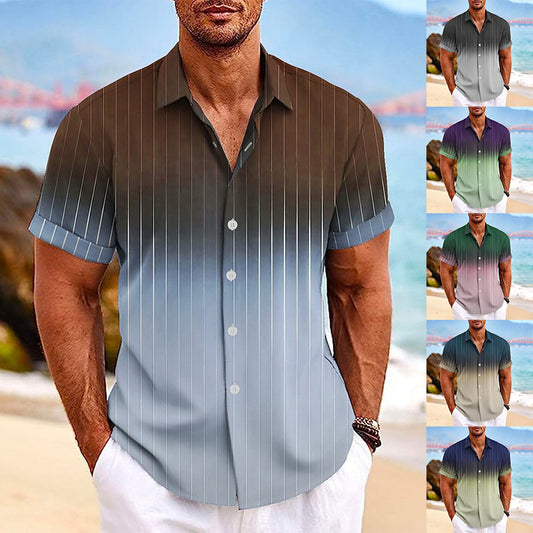 Gradient Striped Print Short Sleeve Beach Shirt - Glooosy Store
