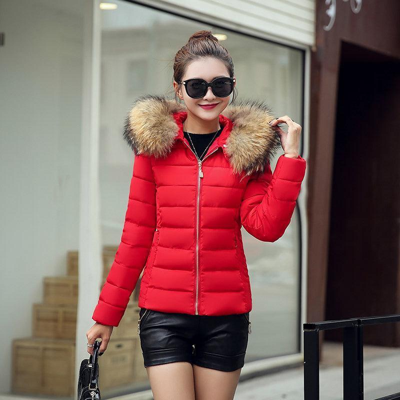 Slim Winter Padded Eco-Fur Trim Hoodie Jacket - Glooosy Store