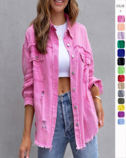 Fashion Denim Ripped Shirt Jacket Women - Glooosy Store