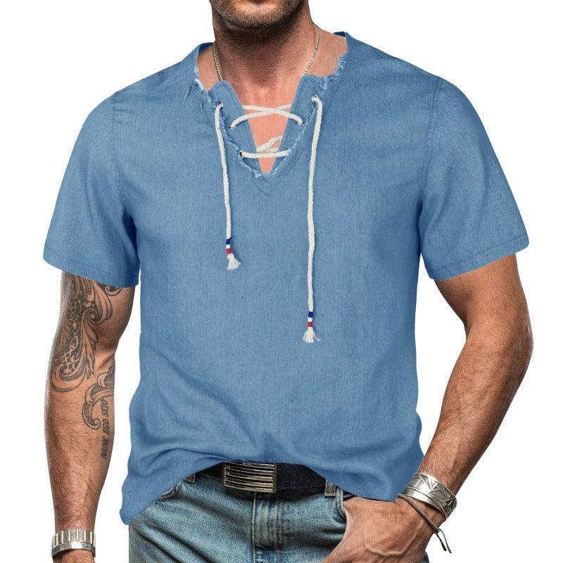 Unique Short Sleeve Men Denim Lace T-Shirt - Glooosy Store