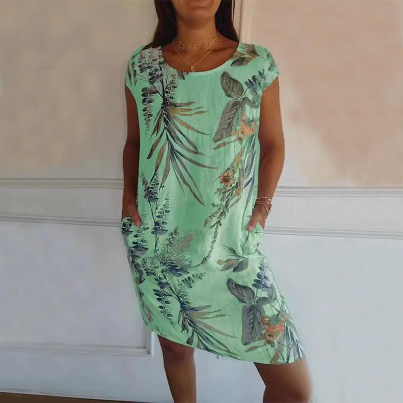 Flower And Leaf Printed Straight Summer Loose Short Sleeve Dresses - Glooosy Store