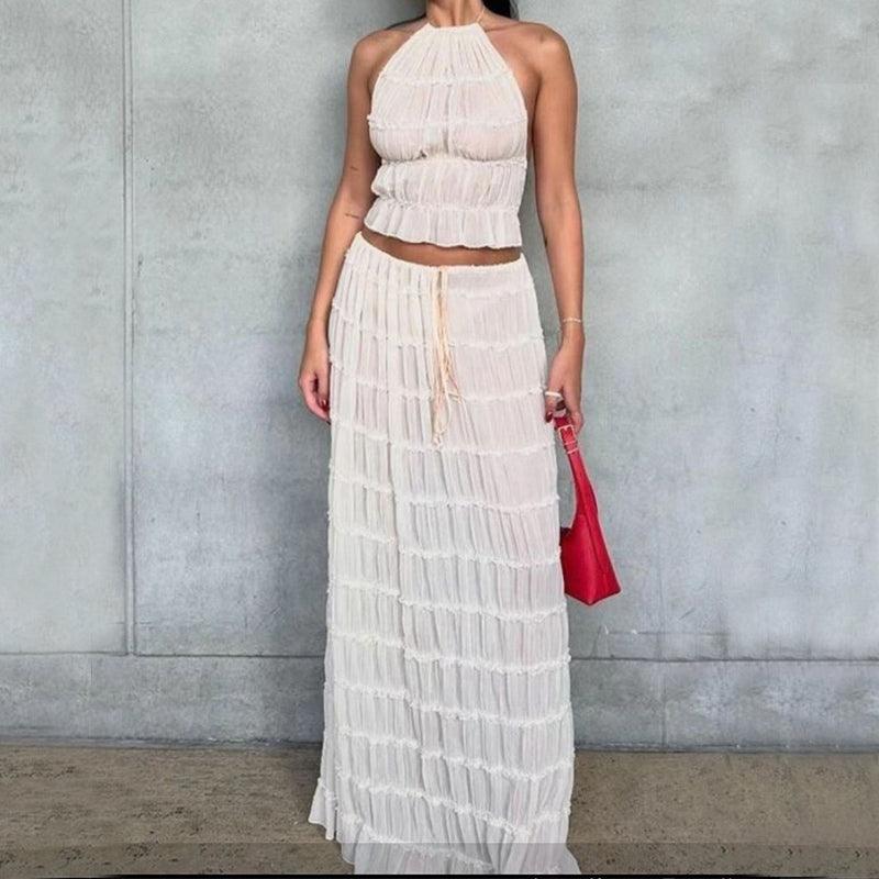 2pcs Women Sleeveless Backless Halter Top And Pleated Long Skirt Beach Outfit - Glooosy Store