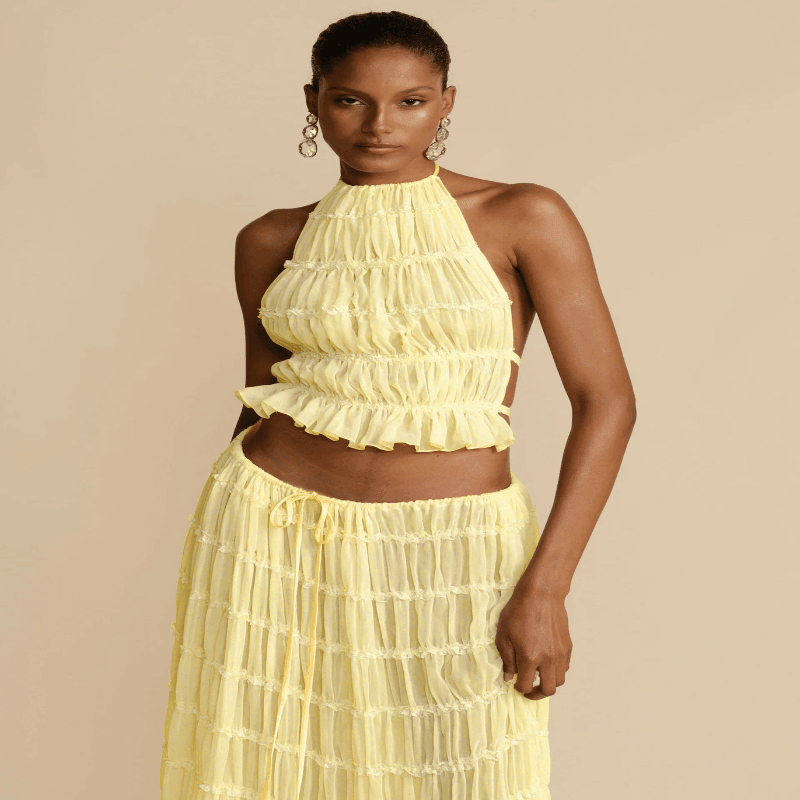 2pcs Women Sleeveless Backless Halter Top And Pleated Long Skirt Beach Outfit - Glooosy Store