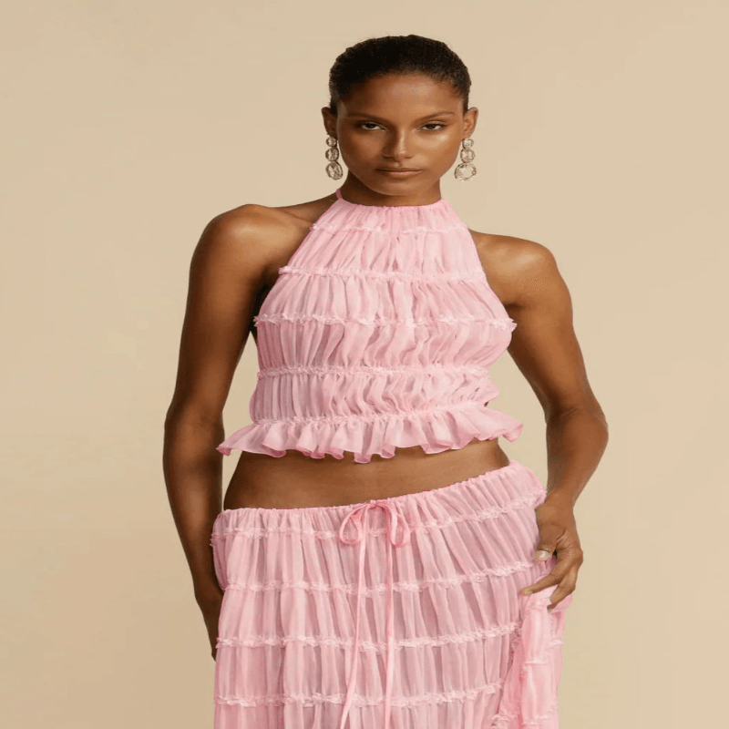 2pcs Women Sleeveless Backless Halter Top And Pleated Long Skirt Beach Outfit - Glooosy Store