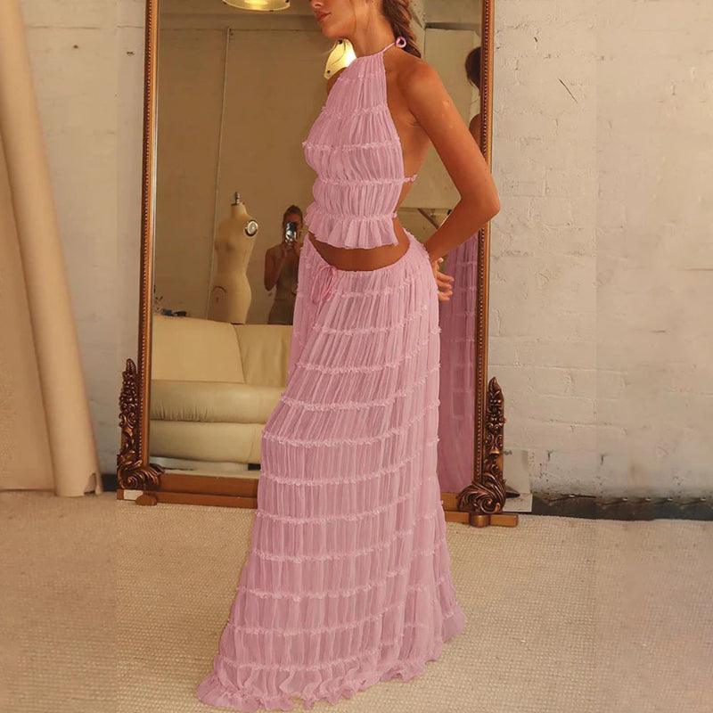 2pcs Women Sleeveless Backless Halter Top And Pleated Long Skirt Beach Outfit - Glooosy Store