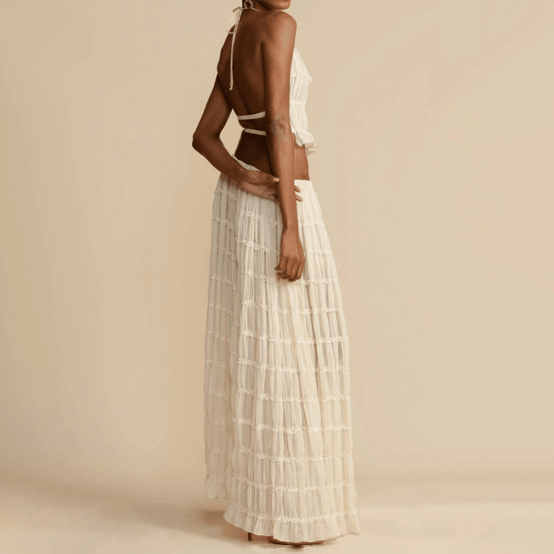 2pcs Women Sleeveless Backless Halter Top And Pleated Long Skirt Beach Outfit - Glooosy Store