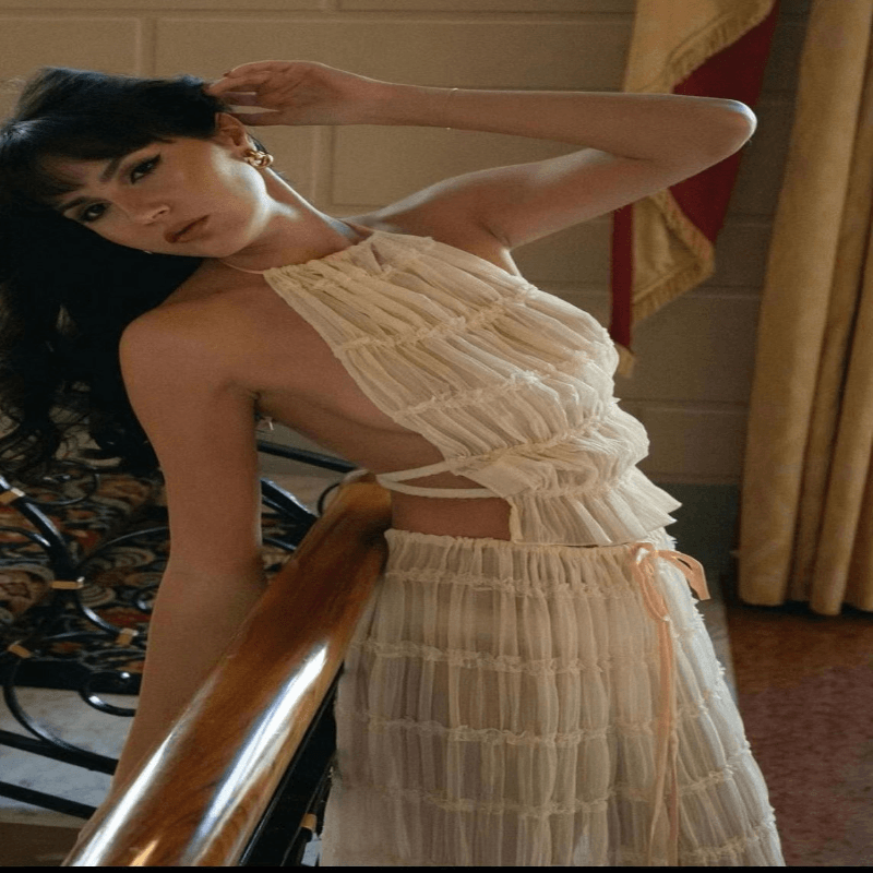 2pcs Women Sleeveless Backless Halter Top And Pleated Long Skirt Beach Outfit - Glooosy Store