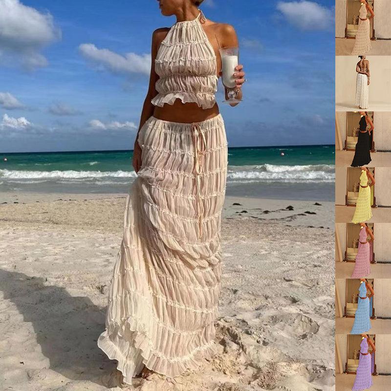 2pcs Women Sleeveless Backless Halter Top And Pleated Long Skirt Beach Outfit - Glooosy Store