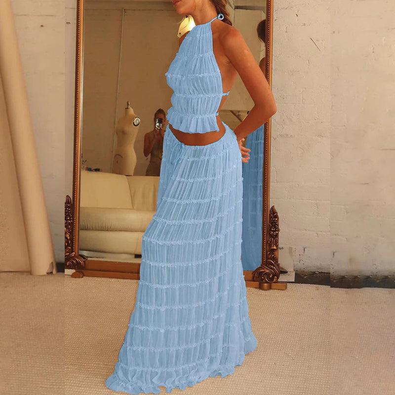 2pcs Women Sleeveless Backless Halter Top And Pleated Long Skirt Beach Outfit - Glooosy Store