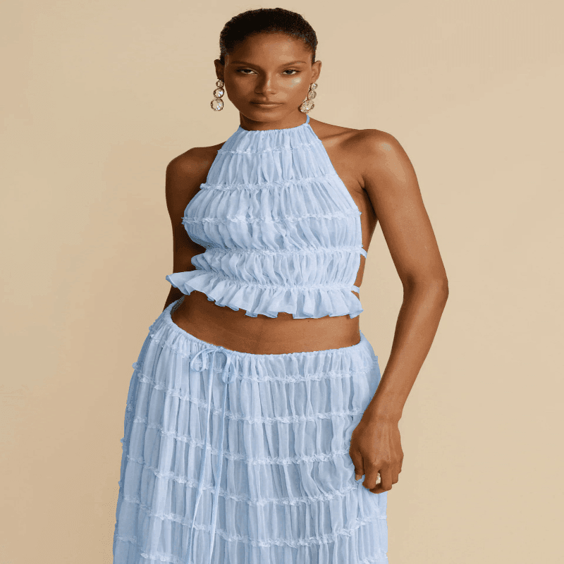 2pcs Women Sleeveless Backless Halter Top And Pleated Long Skirt Beach Outfit - Glooosy Store