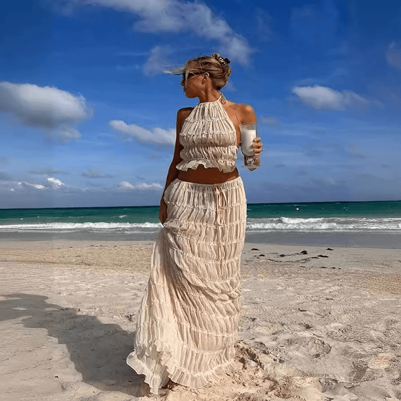 2pcs Women Sleeveless Backless Halter Top And Pleated Long Skirt Beach Outfit - Glooosy Store