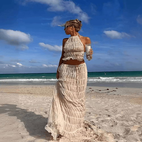 2pcs Women Sleeveless Backless Halter Top And Pleated Long Skirt Beach Outfit - Glooosy Store
