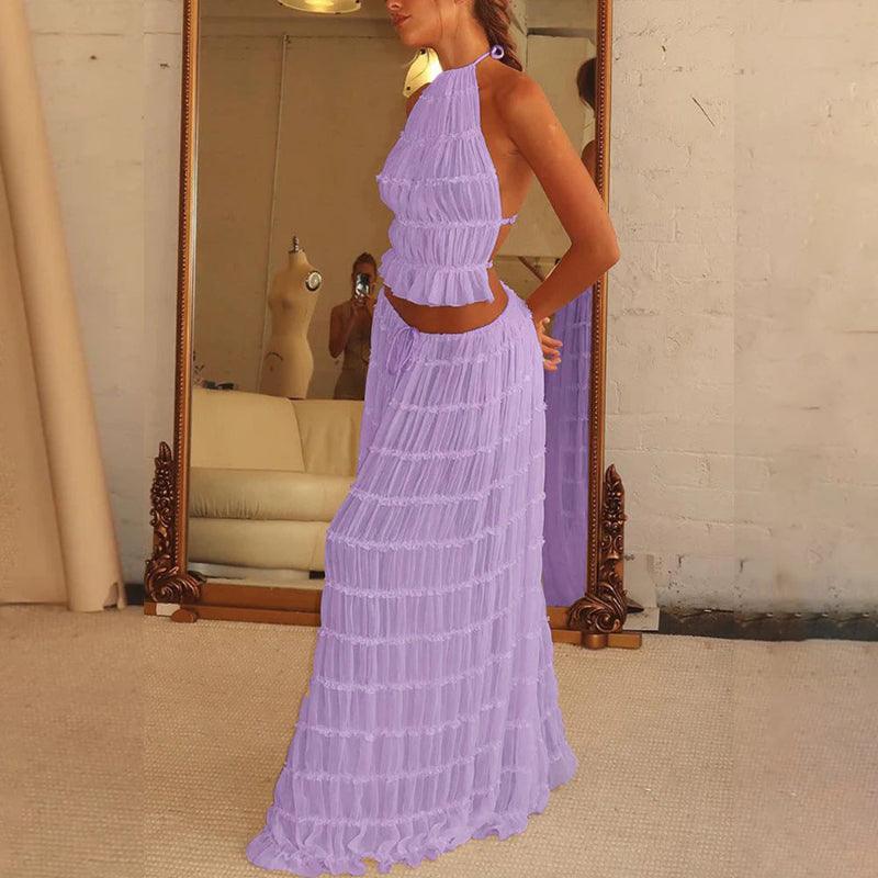 2pcs Women Sleeveless Backless Halter Top And Pleated Long Skirt Beach Outfit - Glooosy Store