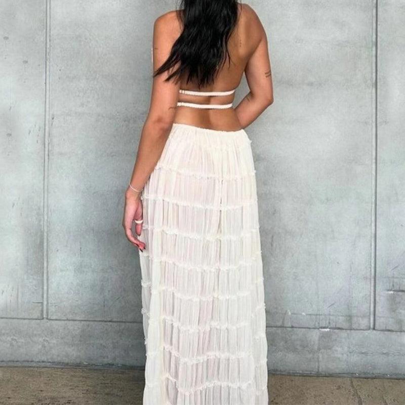 2pcs Women Sleeveless Backless Halter Top And Pleated Long Skirt Beach Outfit - Glooosy Store