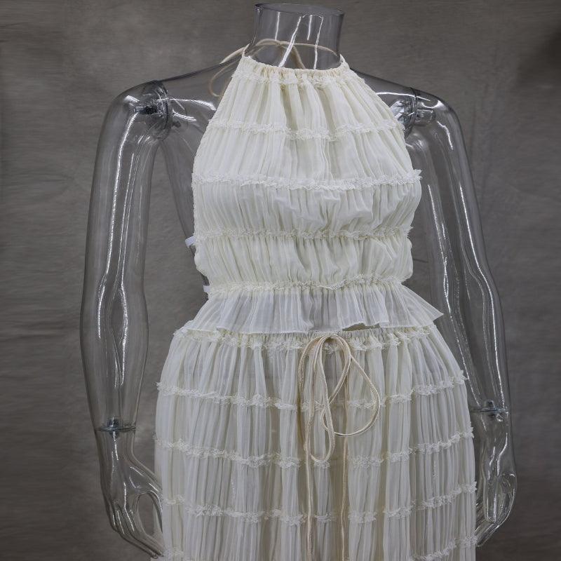 2pcs Women Sleeveless Backless Halter Top And Pleated Long Skirt Beach Outfit - Glooosy Store
