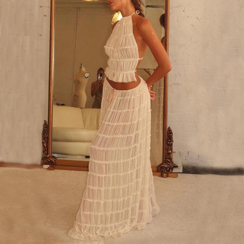 2pcs Women Sleeveless Backless Halter Top And Pleated Long Skirt Beach Outfit - Glooosy Store