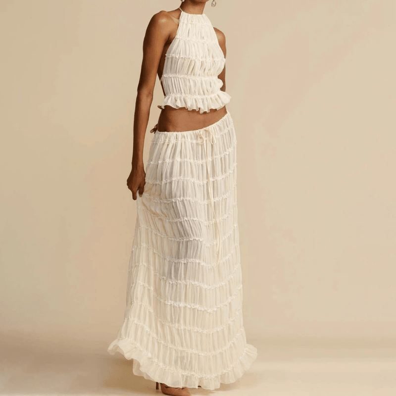 2pcs Women Sleeveless Backless Halter Top And Pleated Long Skirt Beach Outfit - Glooosy Store