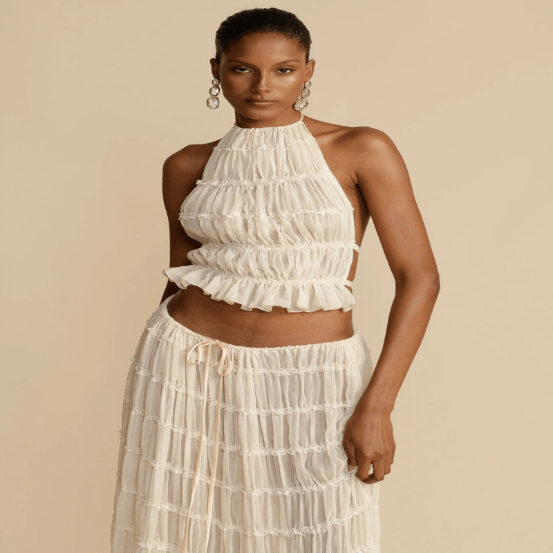 2pcs Women Sleeveless Backless Halter Top And Pleated Long Skirt Beach Outfit - Glooosy Store