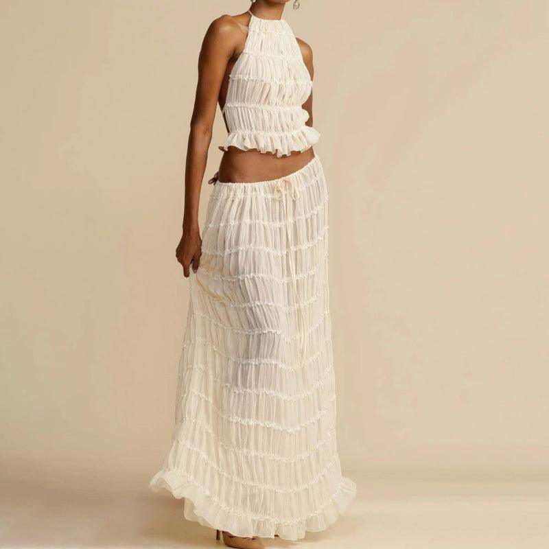 2pcs Women Sleeveless Backless Halter Top And Pleated Long Skirt Beach Outfit - Glooosy Store