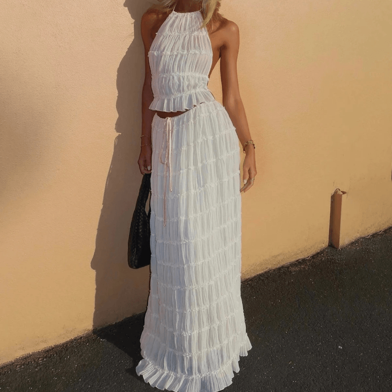 2pcs Women Sleeveless Backless Halter Top And Pleated Long Skirt Beach Outfit - Glooosy Store
