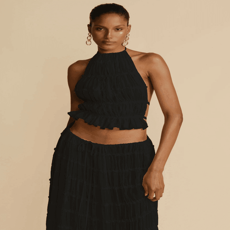 2pcs Women Sleeveless Backless Halter Top And Pleated Long Skirt Beach Outfit - Glooosy Store