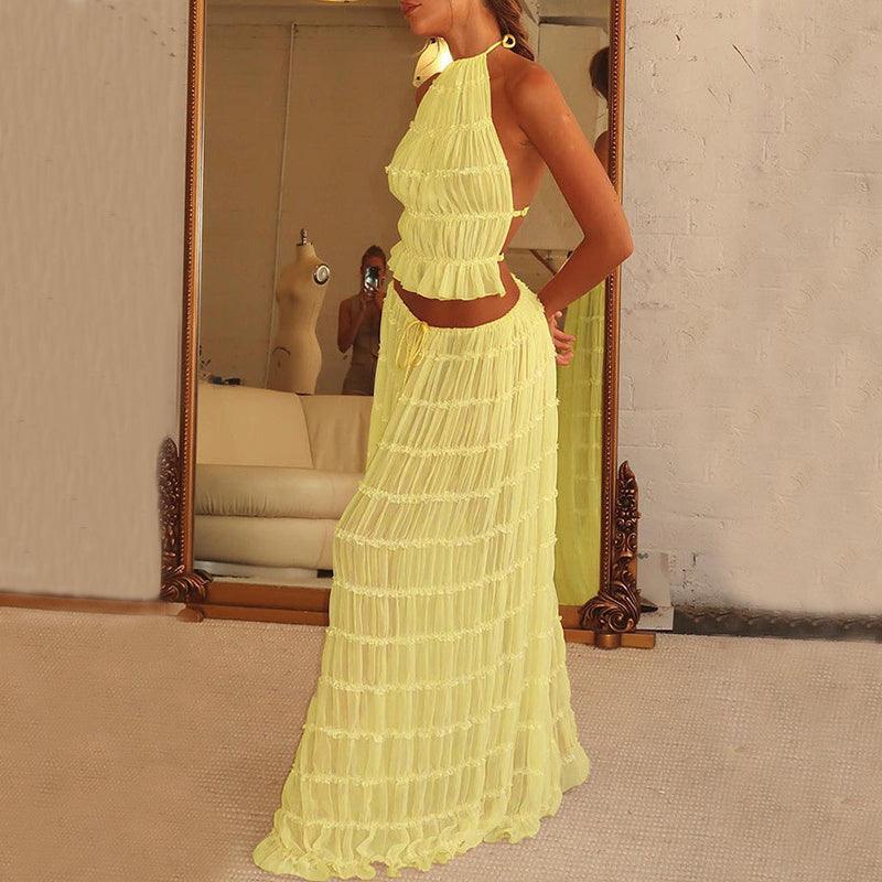 2pcs Women Sleeveless Backless Halter Top And Pleated Long Skirt Beach Outfit - Glooosy Store