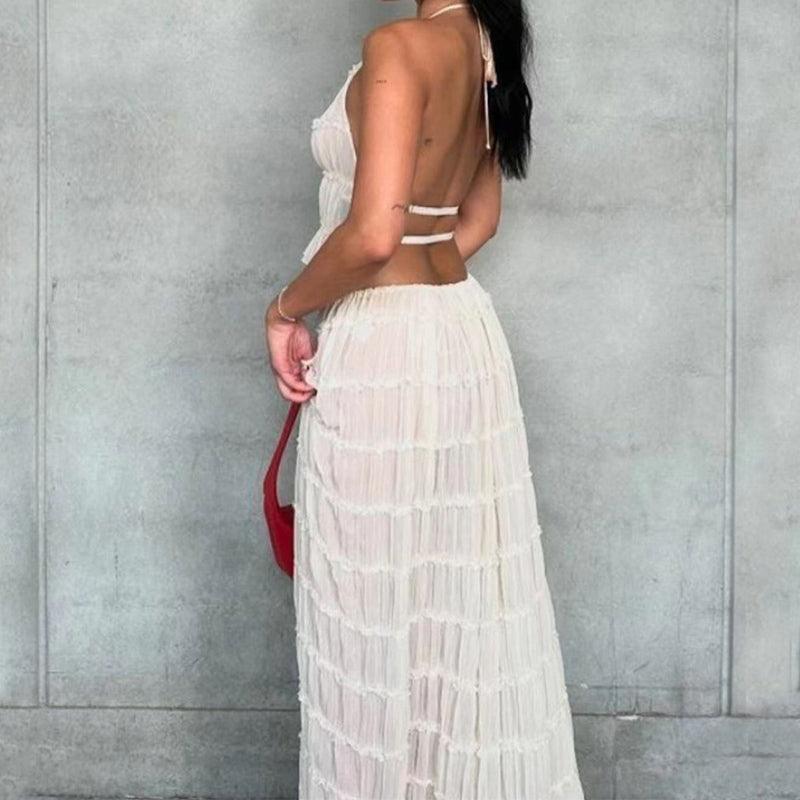 2pcs Women Sleeveless Backless Halter Top And Pleated Long Skirt Beach Outfit - Glooosy Store