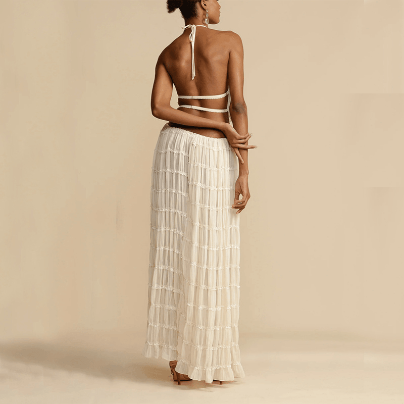 2pcs Women Sleeveless Backless Halter Top And Pleated Long Skirt Beach Outfit - Glooosy Store