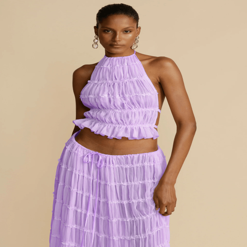 2pcs Women Sleeveless Backless Halter Top And Pleated Long Skirt Beach Outfit - Glooosy Store