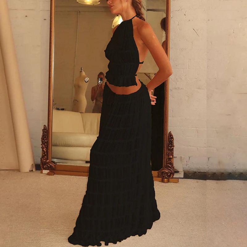 2pcs Women Sleeveless Backless Halter Top And Pleated Long Skirt Beach Outfit - Glooosy Store