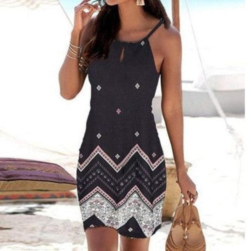 Halter Neck Printed Sleeveless Casual Mini Beach Dress - Glooosy Store