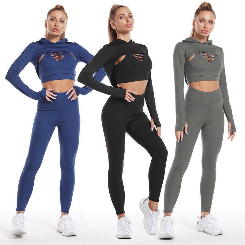 3pcs Long Sleeve Hooded Top Hollow Design Camisole And Lifting High Waist Fitness Leggings - Glooosy Store
