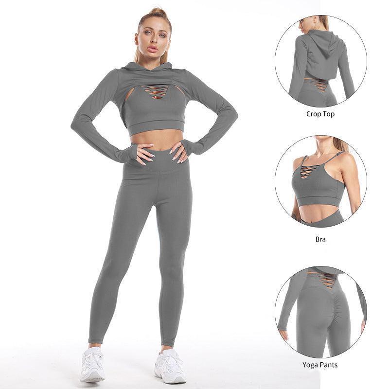 3pcs Long Sleeve Hooded Top Hollow Design Camisole And Lifting High Waist Fitness Leggings - Glooosy Store