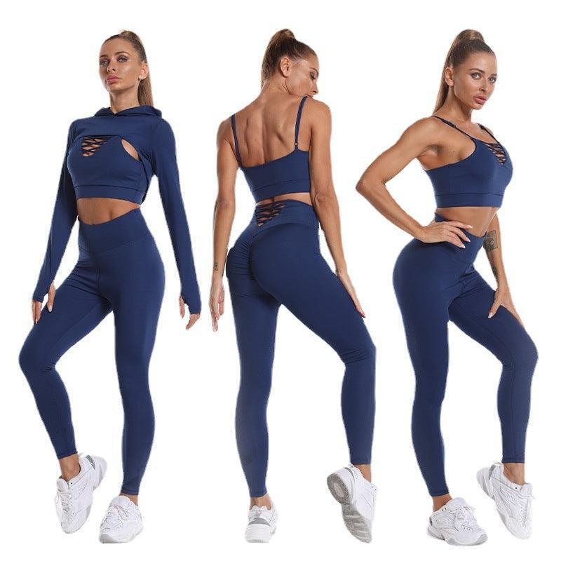 3pcs Long Sleeve Hooded Top Hollow Design Camisole And Lifting High Waist Fitness Leggings - Glooosy Store