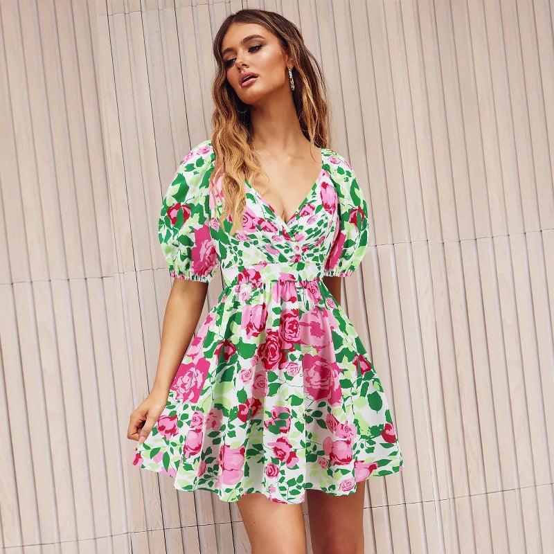 Flowers Print Summer Beach Short Dress - Glooosy Store