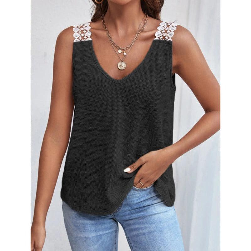 Waffle V-Neck Sleeveless Lace Vest T-Shirt - Glooosy Store