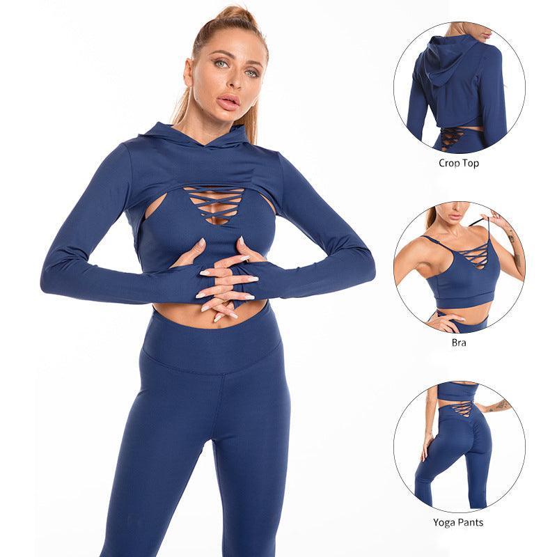 3pcs Long Sleeve Hooded Top Hollow Design Camisole And Lifting High Waist Fitness Leggings - Glooosy Store