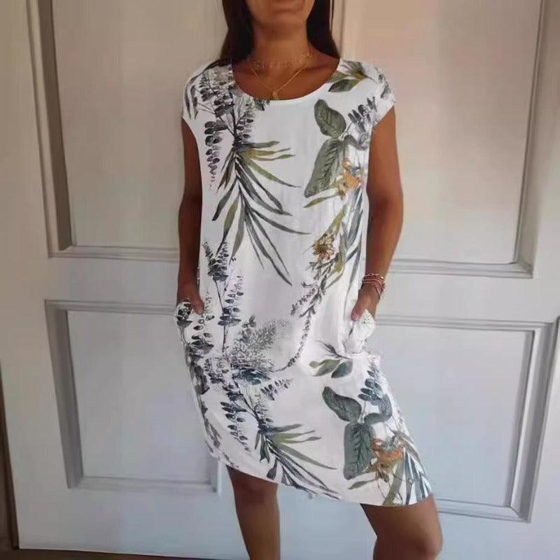 Flower And Leaf Printed Straight Summer Loose Short Sleeve Dresses - Glooosy Store