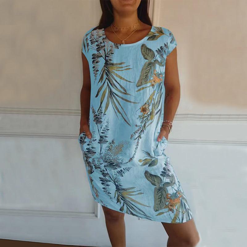 Flower And Leaf Printed Straight Summer Loose Short Sleeve Dresses - Glooosy Store