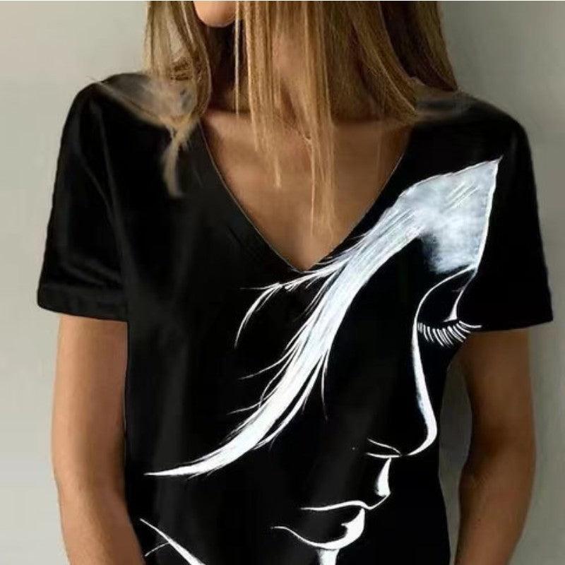 Unique Women Face Printed V-Neck T-Shirt - Glooosy Store