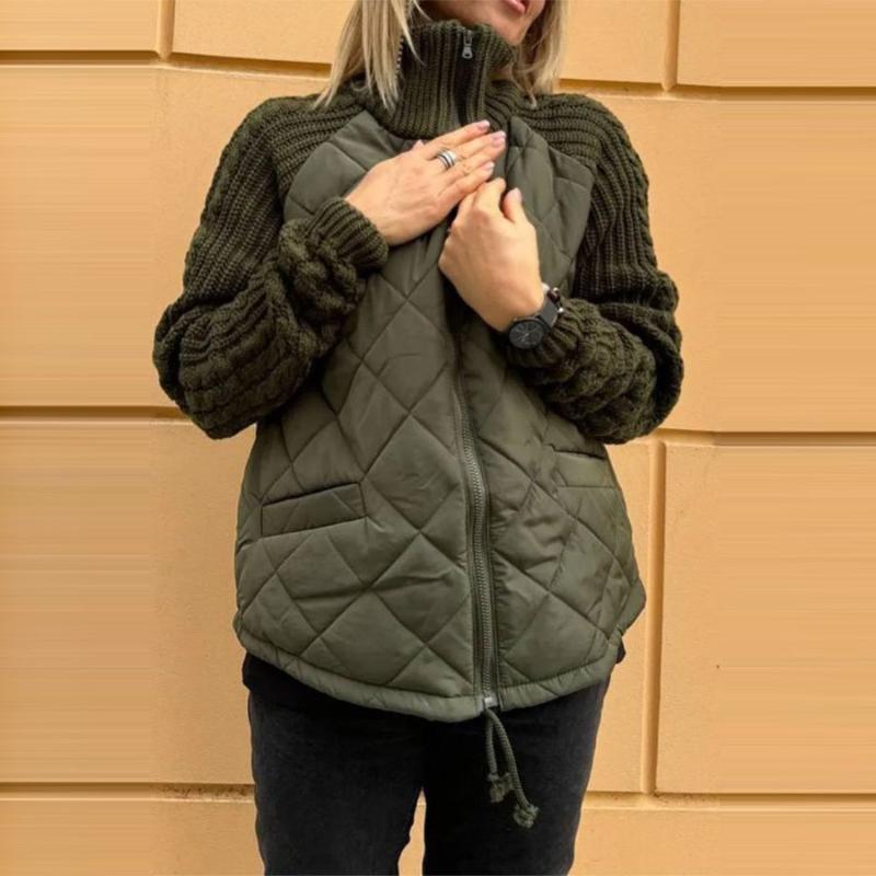 Women Stand Collar Fashion Knitted Stitching Jacket