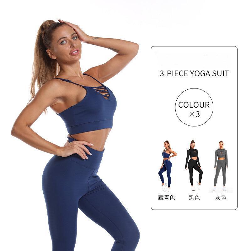 3pcs Long Sleeve Hooded Top Hollow Design Camisole And Lifting High Waist Fitness Leggings - Glooosy Store