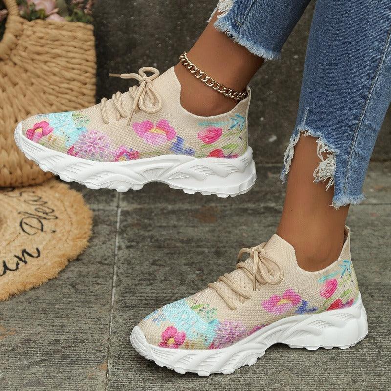 Women Flowers Print Breathable Mesh Casual Sneakers - Glooosy Store