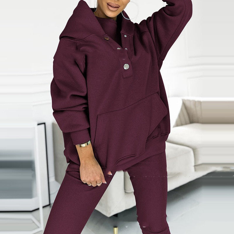 Women's Sports Suit Loose Hooded Pockets Sweatshirt, Top And Slim Trousers