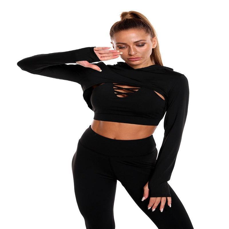 3pcs Long Sleeve Hooded Top Hollow Design Camisole And Lifting High Waist Fitness Leggings - Glooosy Store