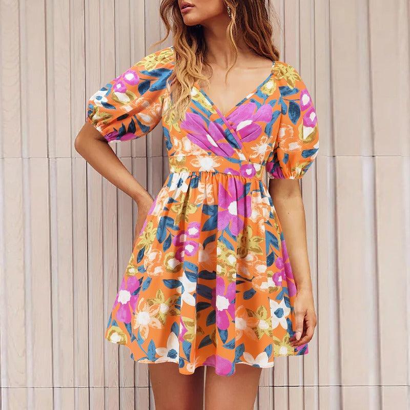 Flowers Print Summer Beach Short Dress - Glooosy Store