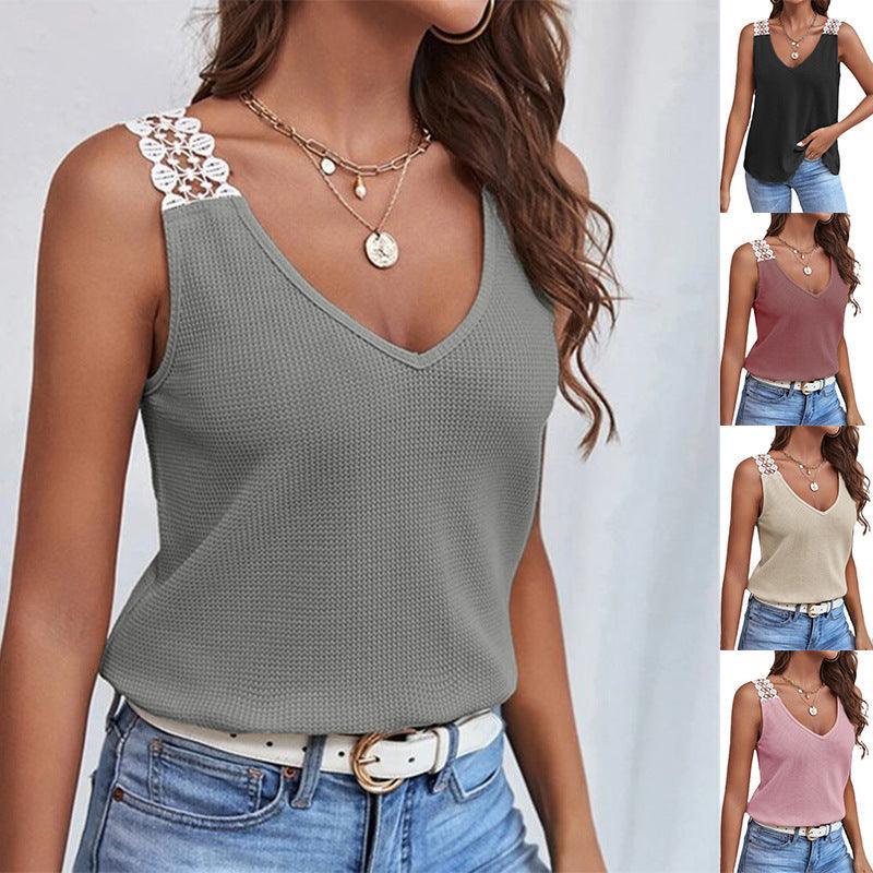 Waffle V-Neck Sleeveless Lace Vest T-Shirt - Glooosy Store