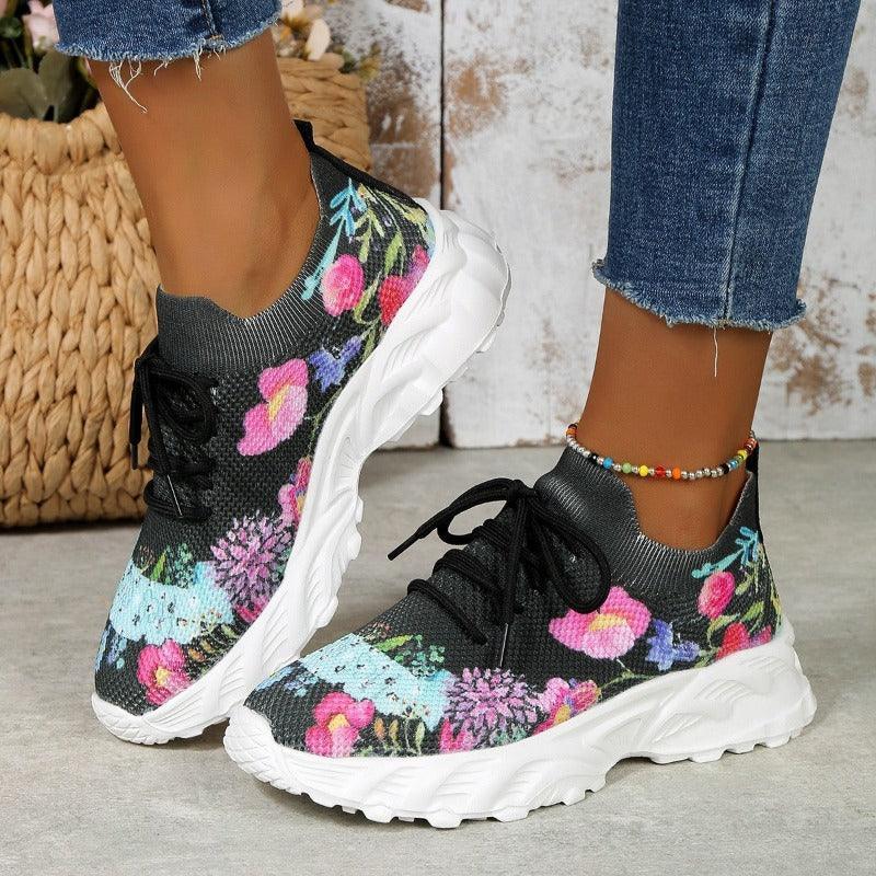 Women Flowers Print Breathable Mesh Casual Sneakers - Glooosy Store