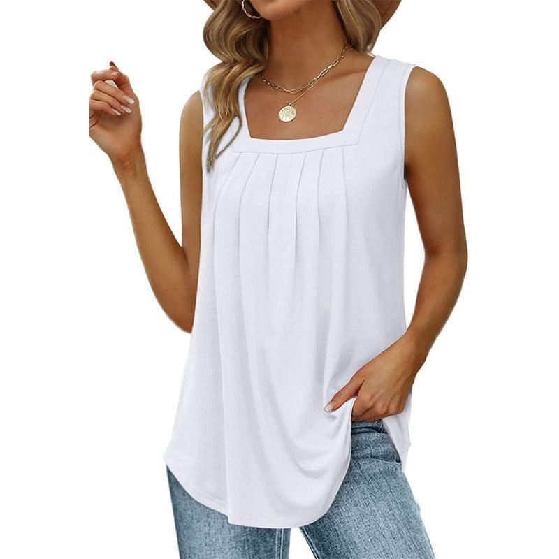 Summer Women Loose Fit Pleated Square Neck Sleeveless Tops Vest T-Shirt - Glooosy Store